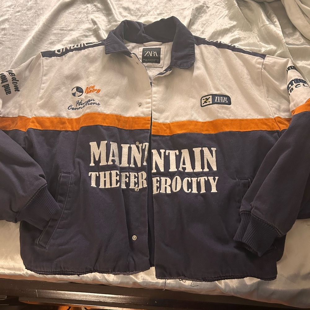 Zara Blue and White Bomber Jacket with Varsity Style